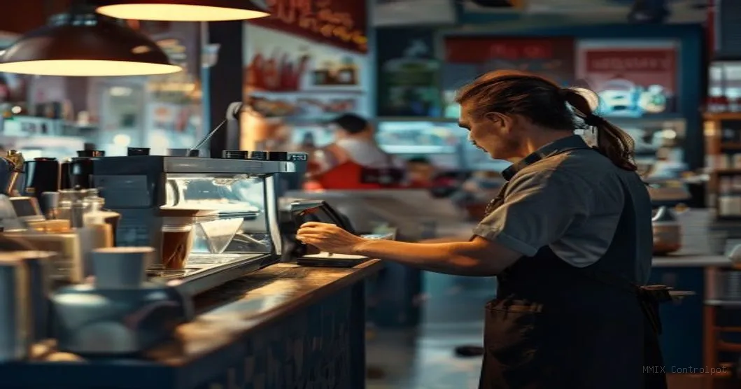 Máquina de milk shake profissional em uma cafeteria movimentada, com um barista trabalhando ao fundo