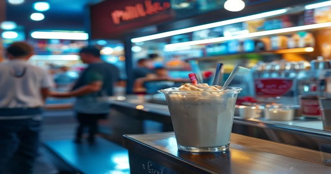 Mixer profissional em uma loja de milk shake, preparando um milk shake de morango cremoso em copo de vidro