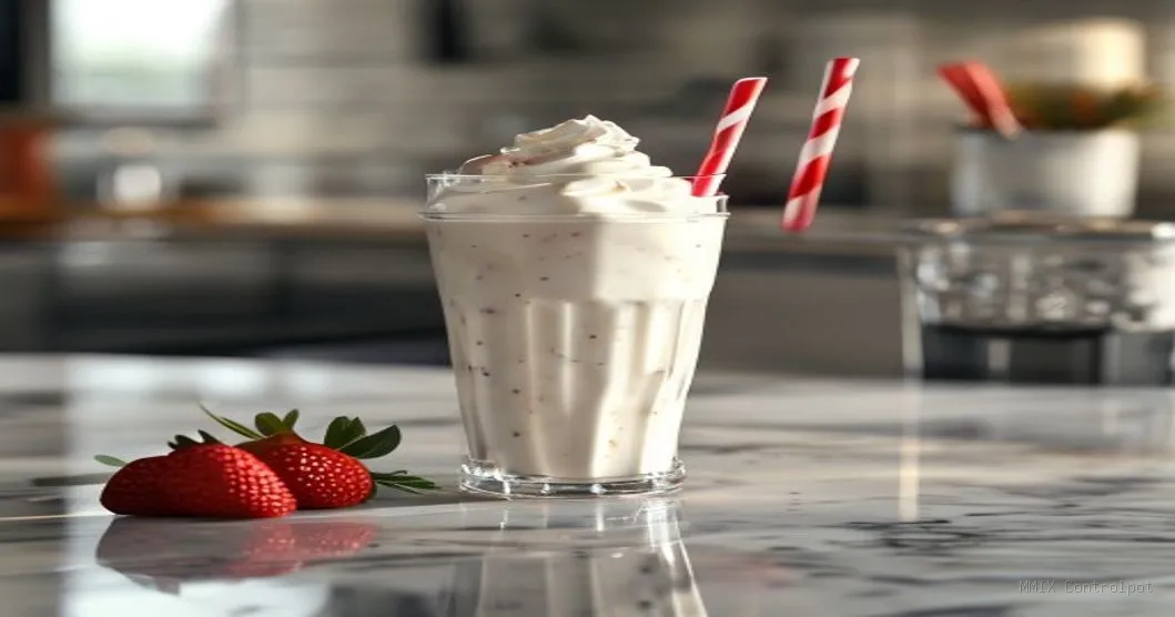 Milk shake de morango cremoso em copo de vidro sobre uma bancada de mármore