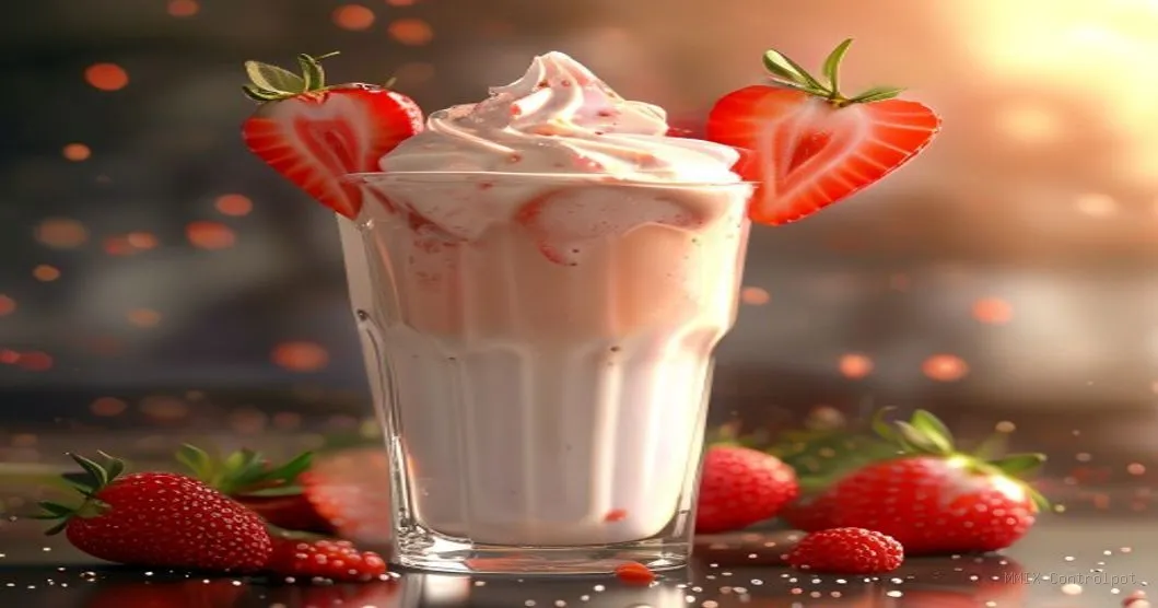 Milk shake de morango cremoso em copo de vidro com sorvete artesanal e morangos frescos