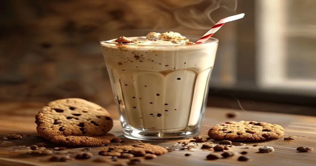 Milk shake de cookies em copo de vidro com palito e migalhas de biscoito ao lado