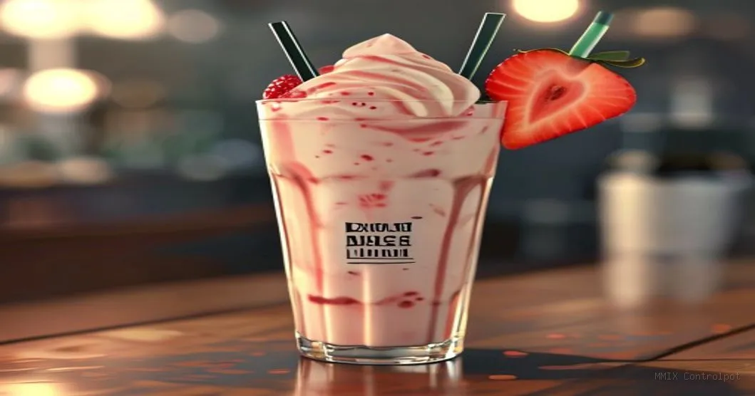 Milk shake de morango cremoso em copo de vidro com etiqueta sem lactose