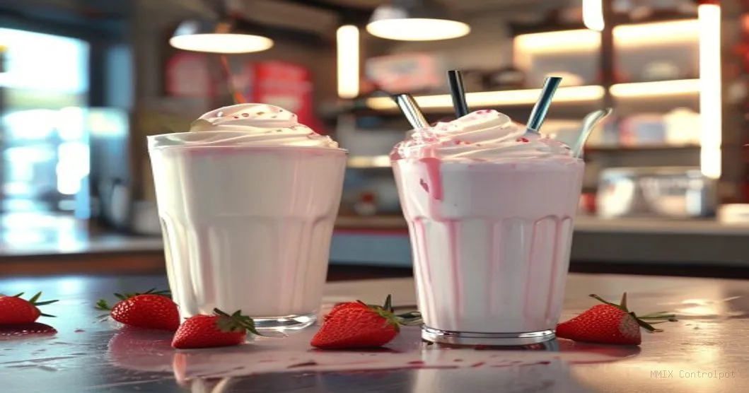 Milk shake de morango cremoso em copo de vidro alto com uma colherada de creme por cima, ao lado de um mixer profissional em uma bancada de confeitaria moderna