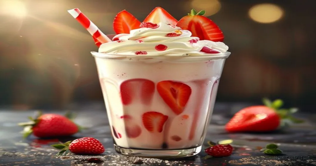 Milk shake de morango cremoso em copo de vidro com creme chantilly e fatias de morango